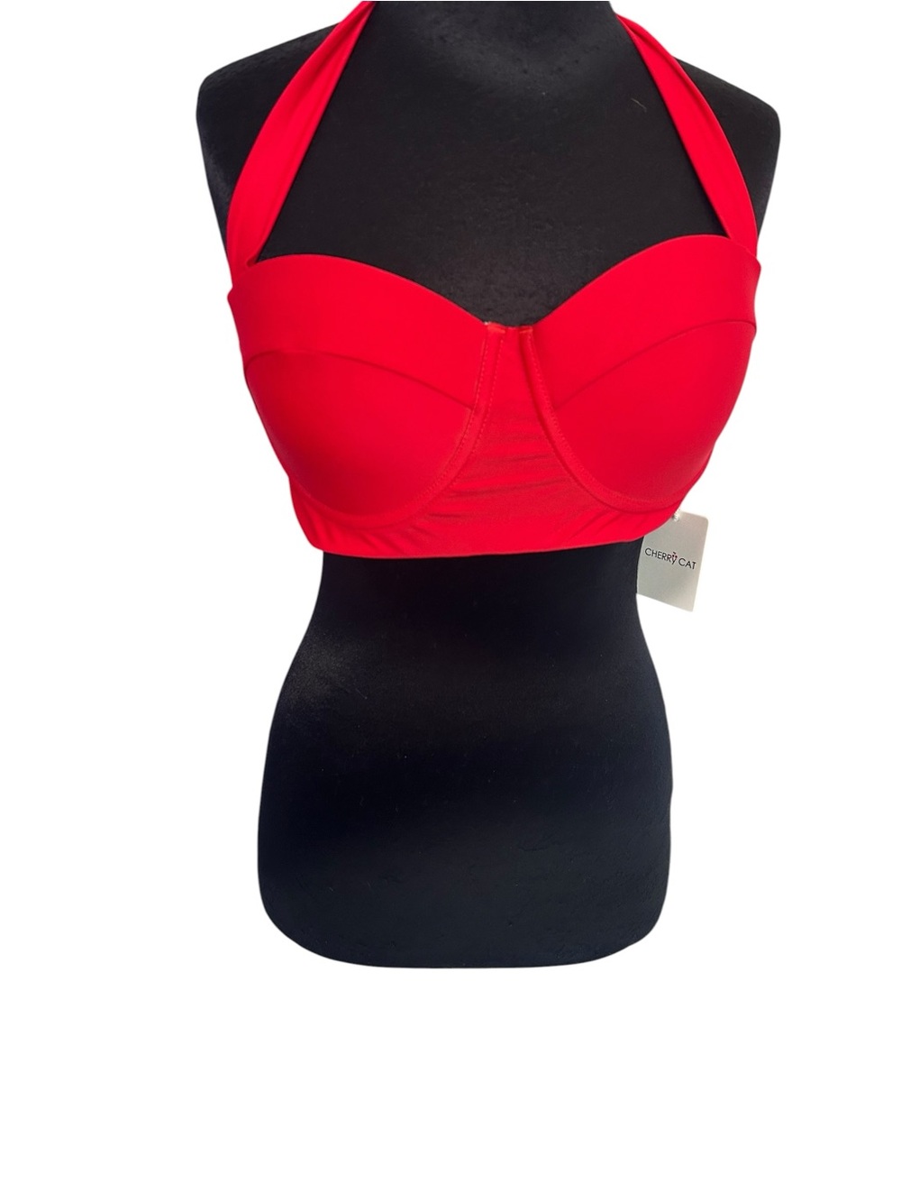 Cherry Cat Bikini Top XL Bright Red Built In Underwire Bra Retro Style Nwt New